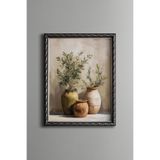 Seramik Vazolar ve Zeytin Dalları - Vintage Desenli Çerçeve - İnce Model, Gümüş, 15 x 21