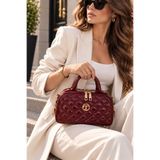 seraptakidunyasi Bordo Parlak Rugan Kapitone Kadın Çanta Çift Fermuarlı Günlük Kullanım 22x15x12 cm