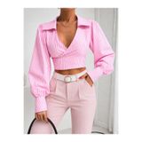 SERBA Kadın Pembe Çizgili Kruvaze Yaka Crop Bluz