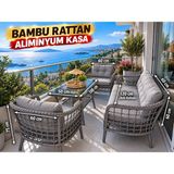 Sercan Garden Minico Model Aliminyum Iskelettir (Galvaniz Değildir) Bambu Rattan Bahçe Balkon Takımı - 02 - Gri