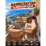 Sercan Garden Minico Model Aliminyum Iskelettir (Galvaniz Değildir) Bambu Rattan Bahçe Balkon Takımı - Bej
