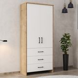 Serçe Design 2 Kapaklı 3 Çekmeceli Gardırop – Modern ve Kullanışlı Çok Amaçlı Dolap (80X38X182 Cm) - Safir Meşe - Beyaz