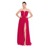 ŞEREF VURAL Straplez Derin Yırtmaçlı Maxi Abiye Elbise, 38, 8154320258322, Mercan, Kadın