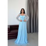 Serica Moda Bebe Mavi Kalp Yaka Korse Detaylı Önü Bağlamalı Dantel Abiye Elbise