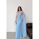 Serica Moda Bebe Mavi Straplez Şal Detaylı Drapeli Abiye Elbise