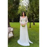 Serica Moda Beyaz Kalp Yaka Korse Detaylı Önü Bağlamalı Dantel Abiye Elbise