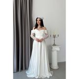 Serica Moda Beyaz Kayık Yaka Balenli Dantel Detaylı Uzun Abiye Elbise