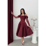 Serica Moda Bordo Düşük Omuz Askılı Dantel Detaylı Midi Abiye Elbise