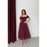 Serica Moda Bordo Gloplu Simli Midi Abiye Elbise