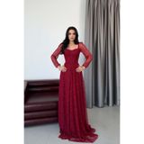 Serica Moda Bordo Kalp Yaka Korse Detaylı Önü Bağlamalı Dantel Abiye Elbise