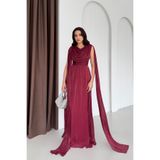 Serica Moda Bordo Şifon Dökümlü Pelerin Kollu Uzun Abiye Elbise