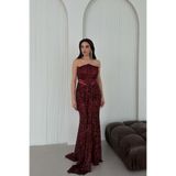Serica Moda Bordo Straplez Bel Detaylı Pul Payet Abiye Elbise
