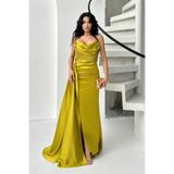 Serica Moda Hardal Straplez Drapeli Saten Abiye Elbise