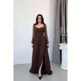 Serica Moda Kahverengi Kalp Yaka Korse Detaylı Önü Bağlamalı Dantel Abiye Elbise