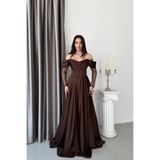 Serica Moda Kahverengi Kayık Yaka Balenli Dantel Detaylı Uzun Abiye Elbise
