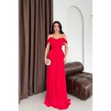 Serica Moda Kırmızı Kayık Yaka Pliseli Abiye Elbise