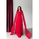 Serica Moda Kırmızı Şifon Dökümlü Pelerin Kollu Uzun Abiye Elbise