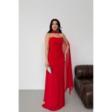 Serica Moda Kırmızı Straplez Şal Detaylı Drapeli Abiye Elbise