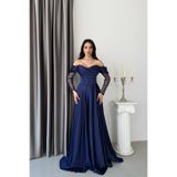 Serica Moda Lacivert Kayık Yaka Balenli Dantel Detaylı Uzun Abiye Elbise