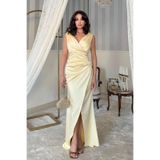Serica Moda Sarı V Yaka Drapeli Yaka Drapeli Saten Abiye Elbise