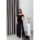 Serica Moda Siyah Düşük Omuz Drapeli Dantel Kumaş Abiye Elbise