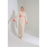 Şerit Detaylı Kemerli Tesettür Elbise - 40 - 42 - Pembe - Bej