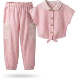 Serkon Kız Bebek Dantel Detaylı 2’li Takım –keten Yazlık Gömlek ve Pantolon, %100 Pamuklu, Günlük & Bayramlık - 3 - 4 Yaş - Pembe