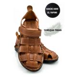 sermoda %100 Hakiki Deri Burnu Kapalı Erkek Sandalet Şırıngıl Taba