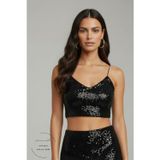 sermoda Pullu Bluz - Pul Payetli Lastik Askılı Crop Bluz Siyah