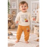 SERPİL Erkek Bebek Eşofman Takımı – Araba Baskılı Sweatshirt ve Pantolon, Krem Hardal Renk, Günlük Bebek Giyim Seti