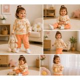 Serpil Kız Çocuk Fiyonk Desenli Sweatshirt Eşofman Takımı – Turuncu Krem Rahat Kesim 2'li Set - 3 Yaş