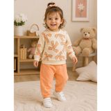 Serpil Kız Çocuk Fiyonk Desenli Sweatshirt Eşofman Takımı – Turuncu Krem Rahat Kesim 2'li Set - 4 Yaş