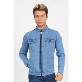 Serseri Jeans Slim Fit Fermuarlı Likralı Erkek Açık Mavi Kot Ceket - 2XL