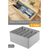 Serstil 2 Adet - 5 Bölmeli Katlanabilir Kumaş Saklama Kutusu Dolap İçi Düzenleyici Organizer - Gri Puantiye
