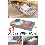 Serstil 3 Adet - Yatak Altı Baza Hurcu Fermuarlı Saklama Çantası Gri 80X20X50Cm