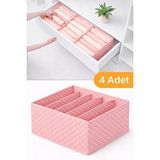 Serstil 4 Adet - 5 Bölmeli Katlanabilir Kumaş Saklama Kutusu Dolap İçi Düzenleyici Organizer- Pembe Puantiye