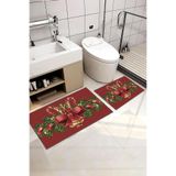 Serteks Kırmızı Kurdele ve Çam Dalı Desenli Kaymaz Tabanlı Yıkanabilir 2’li Banyo Paspas Seti 60x100 - 50x60