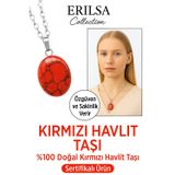 Sertifikalı AAA+ Oval Kırmızı Havlit Taşı Kolye - Gümüş Aparatlı Öfkeyi Azaltır Zihni Sakinleştirir