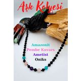 Sertifikalı Aşk Kolyesi Doğal Taş Amazonit Pembe Kuvars Ametist Oniks