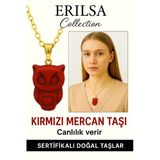 Sertifikalı Baykuş Model Kırmızı Mercan Kolye – Bilgelik, Enerji ve Cesaret Taşı