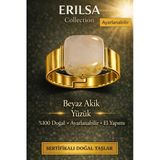 Sertifikalı Beyaz Akik Yüzük Doğal Taş Yüzük Ayarlanabilir El Yapımı Enerji Taşı