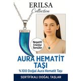 Sertifikalı Boynuz Model Mavi Aura Hematit Kolye – Negatif Enerjiye Karşı Koruyucu Taş