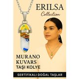 Sertifikalı Çivi Model Murano Kuvars Taşı Kolye (Beyaz Renkli Tonlar Sanat Desenli)