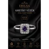 Sertifikalı Doğal Ametist Taşlı Ayarlamalı Geri Dönüşüm Gümüş Kasa Oval Faset Kesim Yüzük 1.50 Karat