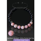 Sertifikalı Doğal Obsidyen - Afrika Pembe Opal Taşı Bileklik - Ayarlamalı