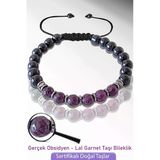 Sertifikalı Doğal Obsidyen - Lal Garnet Granat Taşı Bileklik - Ayarlamalı