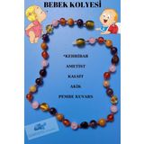 Sertifikalı Doğal Taş Bebek Kolyesi Kehribar, Ametist, Kalsit, Akik, Pembe Kuvars Bebek Kolye