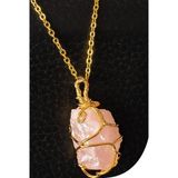 Sertifikalı Gold Tel Sargılı Ham Pembe Kuvars Taşı Kolye