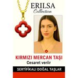 Sertifikalı Gold Yonca Model Kırmızı Mercan Taşı Kolye Cesaret Verir