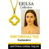Sertifikalı Gold Yonca Model Sarı Turkuaz Taşı Kolye Neşe Verir